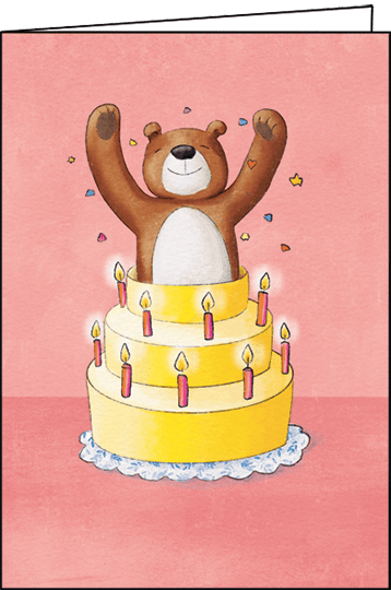 BEAR IN A CAKE GREETING CARD