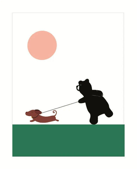 CARTE DE SOUHAITS OURS QUI COURT AVEC CHIEN
