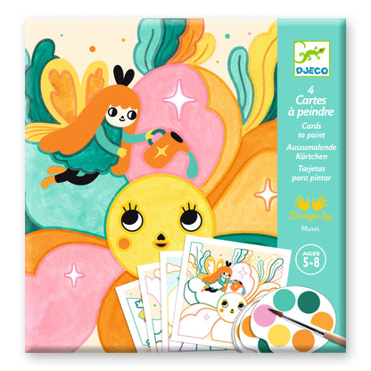 Pochette de l'activité créative 4 Cartes à peindre Jardin Féerique Djeco par Muxxi pour enfants de 5 à 8 ans.