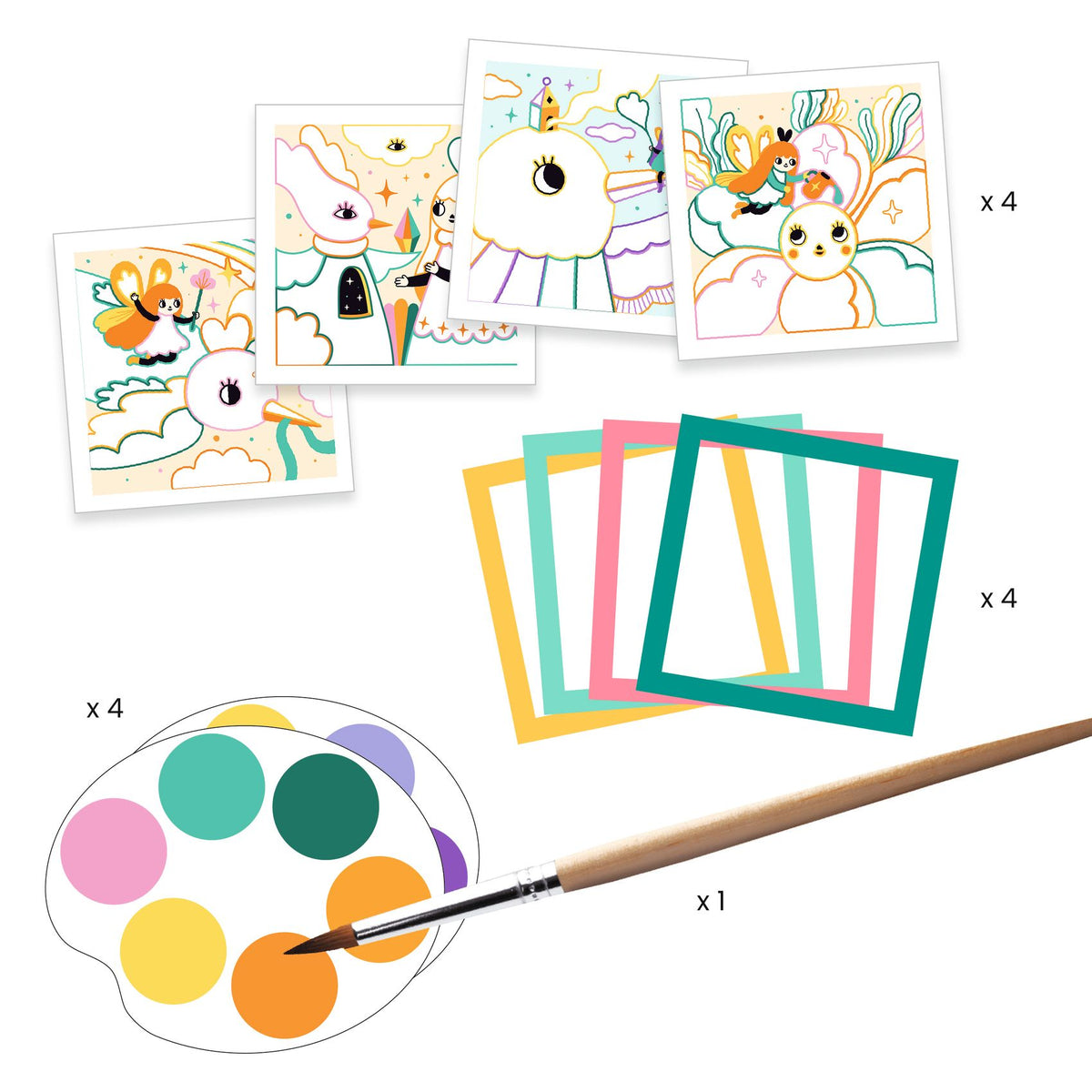 Contenu du coffret 4 Cartes à peindre Jardin Féerique Djeco incluant les illustrations à contours, des cadres colorés, la palette de peinture aquarelle et le pinceau.