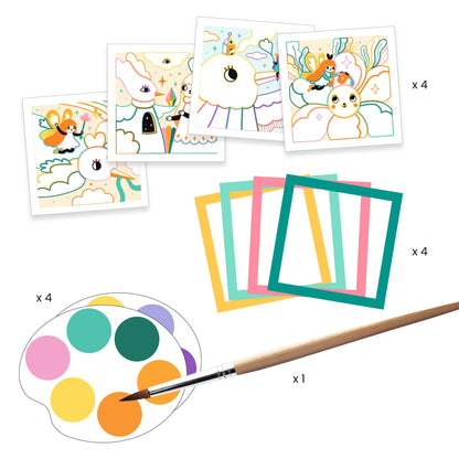 Contenu du coffret 4 Cartes à peindre Jardin Féerique Djeco incluant les illustrations à contours, des cadres colorés, la palette de peinture aquarelle et le pinceau.