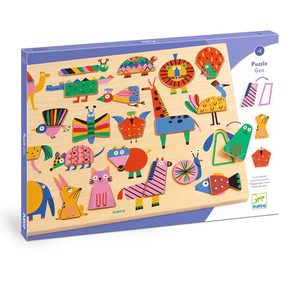 Boîte du jeu d'encastrement en bois Puzzlo Geo de Djeco présentant une planche garnie d'animaux colorés formés de pièces géométriques.