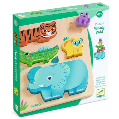 Boîte du puzzle en relief WoodyWild de Djeco contenant 5 pièces d'animaux en bois pour enfants dès 12 mois.