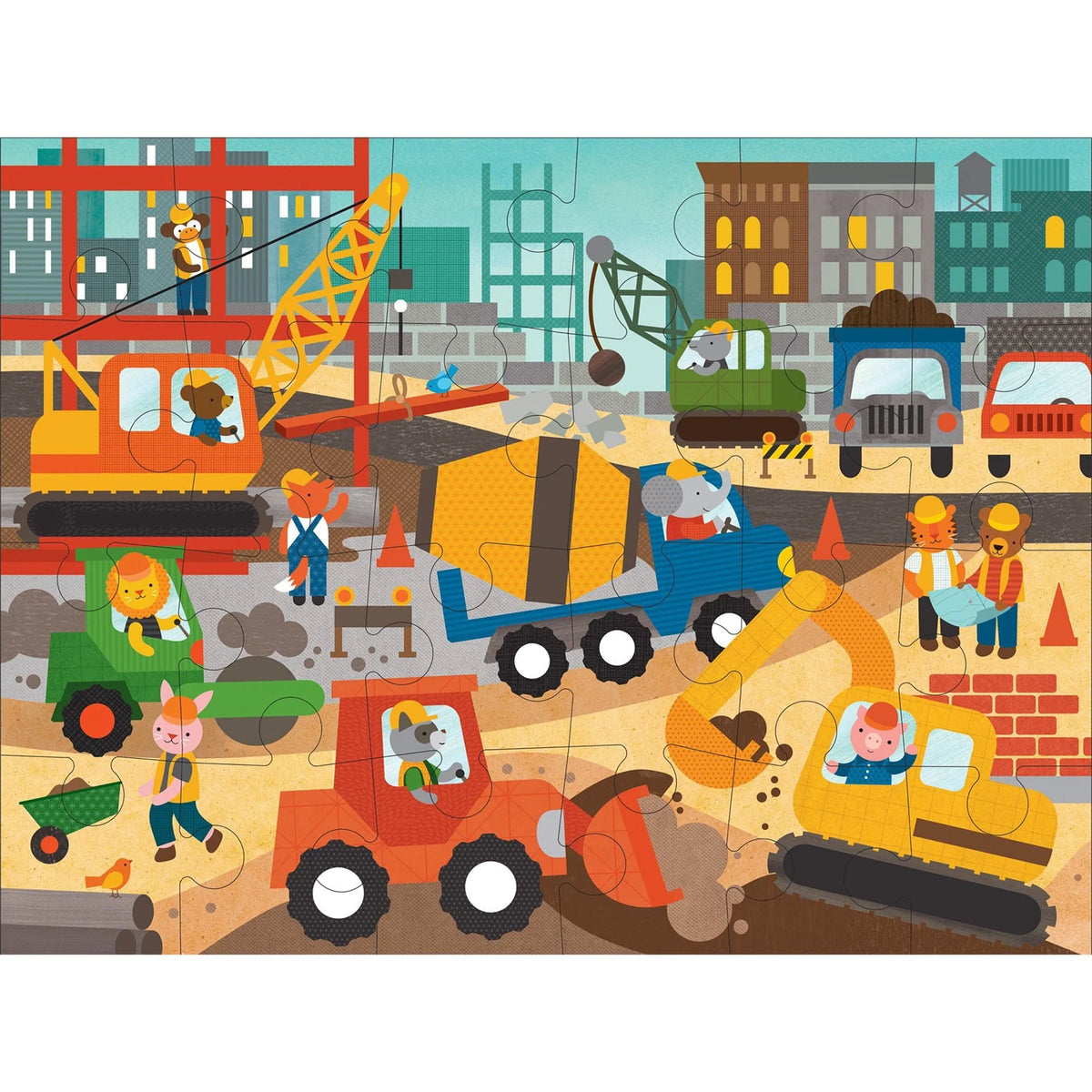 Casse-tête géant Chantier de construction de 24 pièces Petit Collage complété, illustrant des pelleteuses, grues et animaux en plein travail de chantier.   