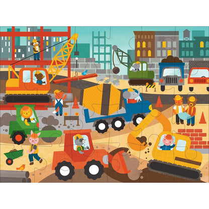Casse-tête géant Chantier de construction de 24 pièces Petit Collage complété, illustrant des pelleteuses, grues et animaux en plein travail de chantier.   