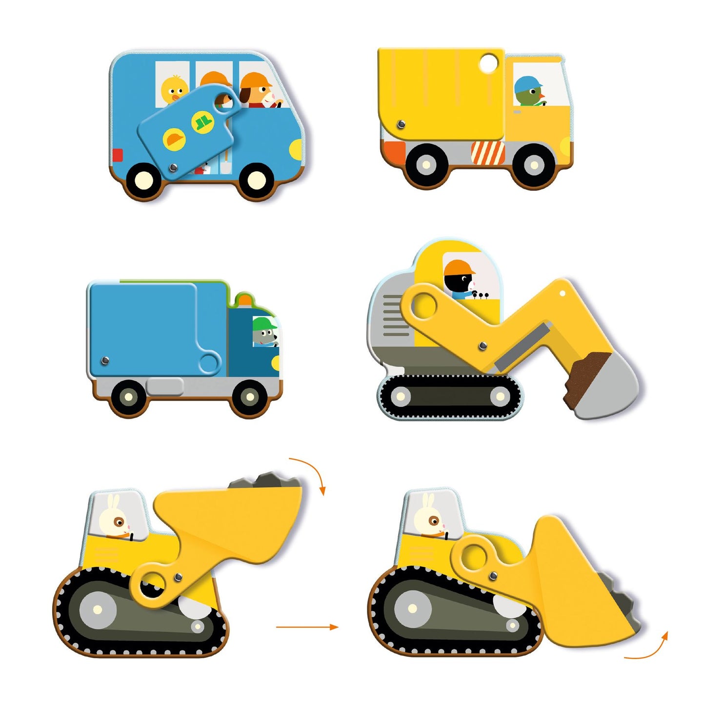 Les 5 pièces d'engins de chantier amovibles et articulées du casse-tête Djeco, incluant un camion, une pelleteuse et un bulldozer.