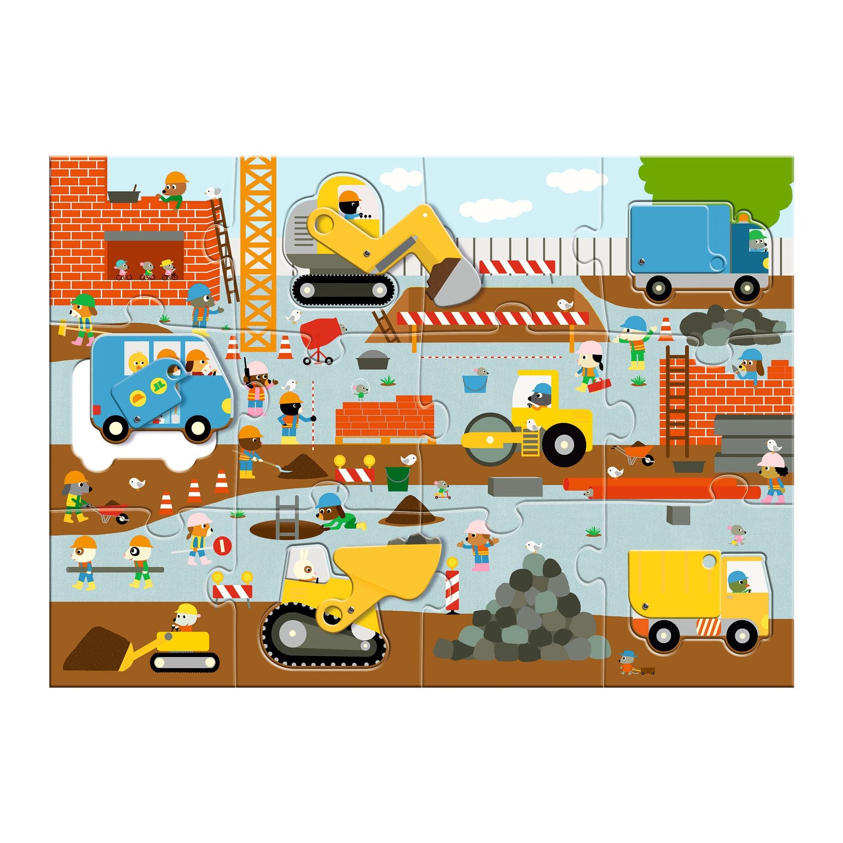 Vue d'ensemble du puzzle géant de 12 pièces Le Chantier Djeco avec ses véhicules de construction intégrés dans l'illustration.