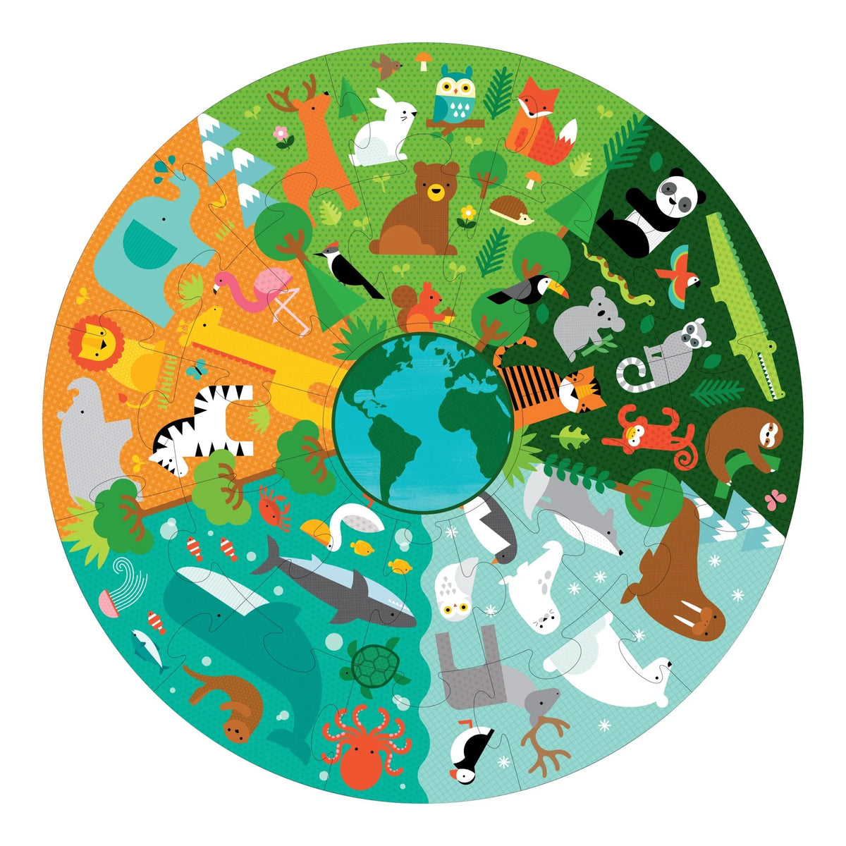 Casse-tête géant de sol Planète Terre 25 pièces Petit Collage assemblé, illustrant le globe terrestre entouré de différents habitats et animaux du monde