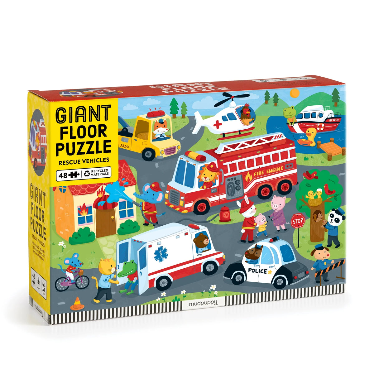 Boîte rectangulaire du casse-tête géant de sol Véhicules d'urgence 48 pièces Mudpuppy illustrée de véhicules de secours et d'animaux pompiers, policiers et paramédics.