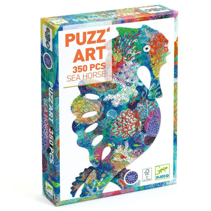 Boîte du casse-tête Puzz'Art Hippocampe 350 pièces de Djeco aux motifs marins colorés.