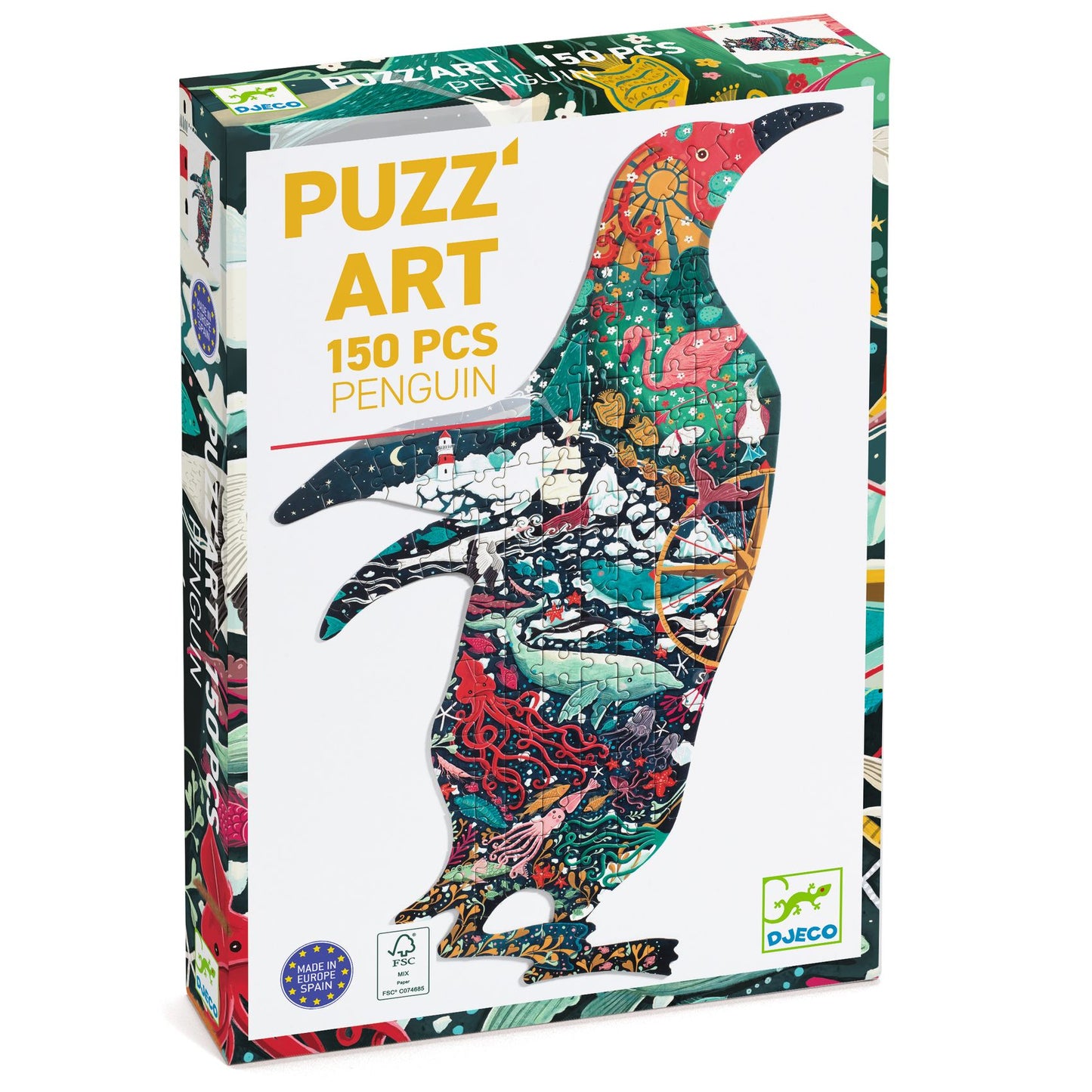 Boîte du casse-tête Puzz'Art Penguin 150 pièces de Djeco représentant la silhouette d'un pingouin aux illustrations marines.