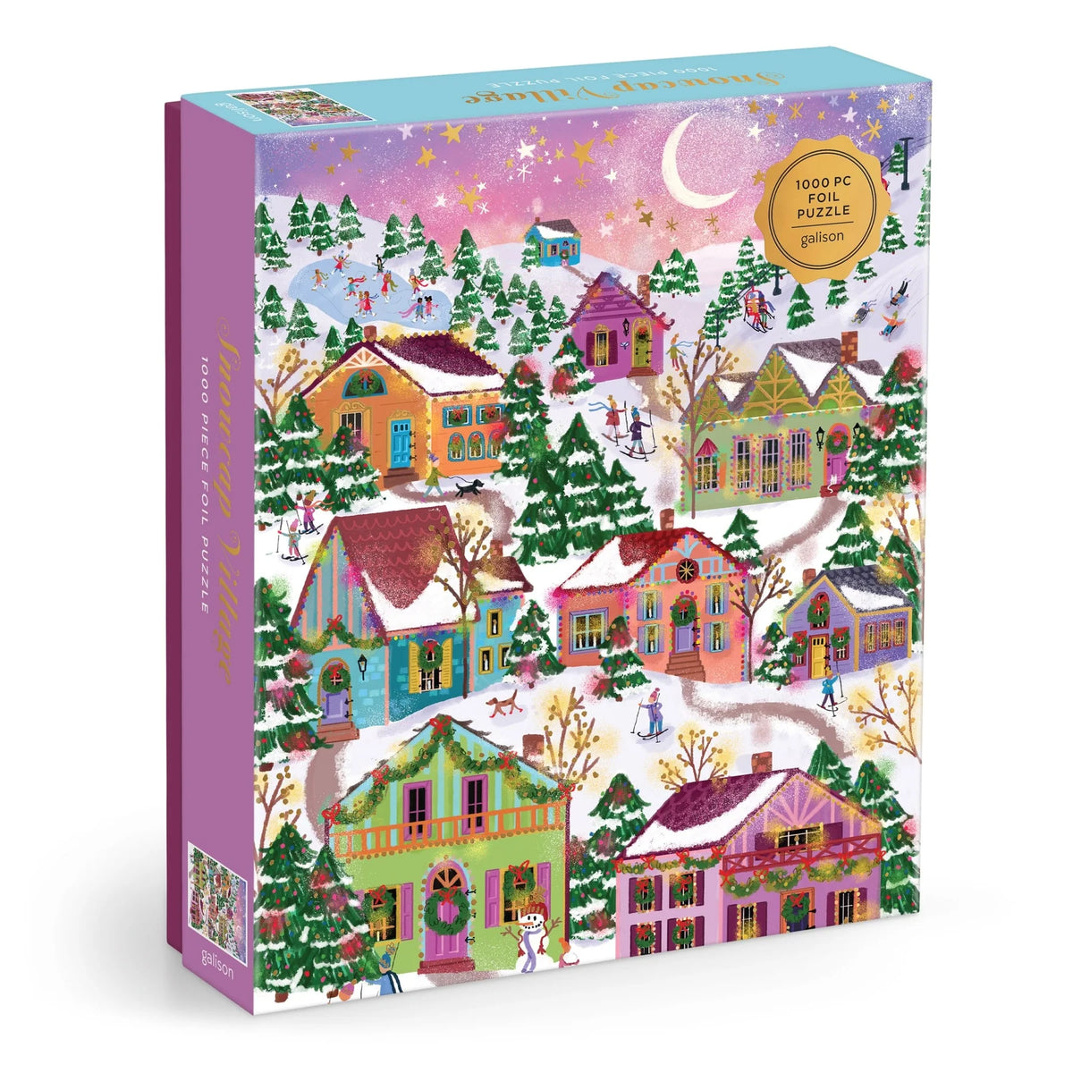 Boîte du casse-tête de 1000 pièces avec détails dorés Snowcap Village Galison, illustrant un village d'hiver enneigé sous un ciel étoilé avec croissant de lune.