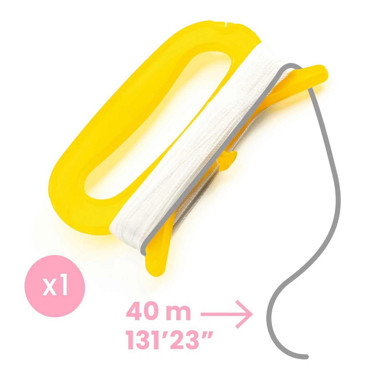 Poignée de ligne en plastique jaune avec une bobine de fil blanc de 40 mètres incluse pour le cerf-volant.