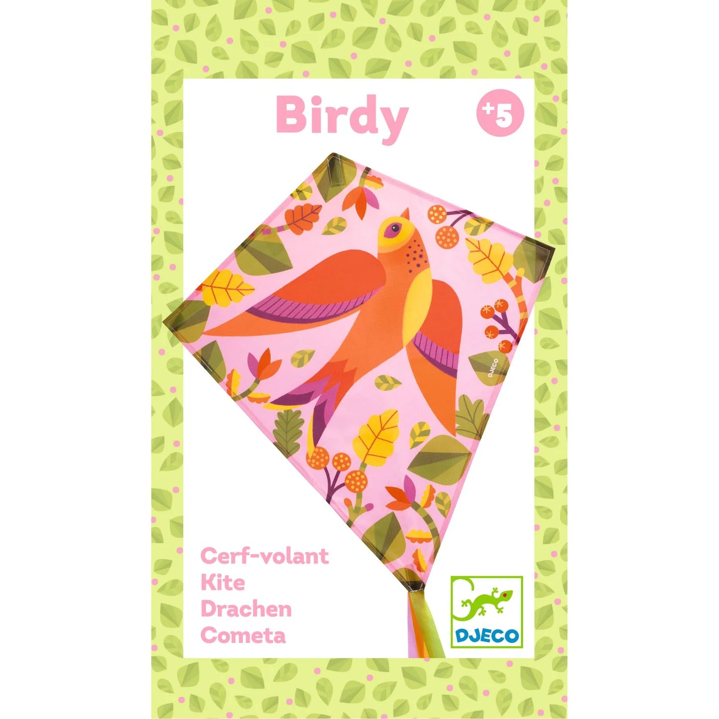 Emballage du cerf-volant Birdy de Djeco, indiquant l'âge recommandé de 5 ans et plus, sur fond de motifs de feuilles vertes.
