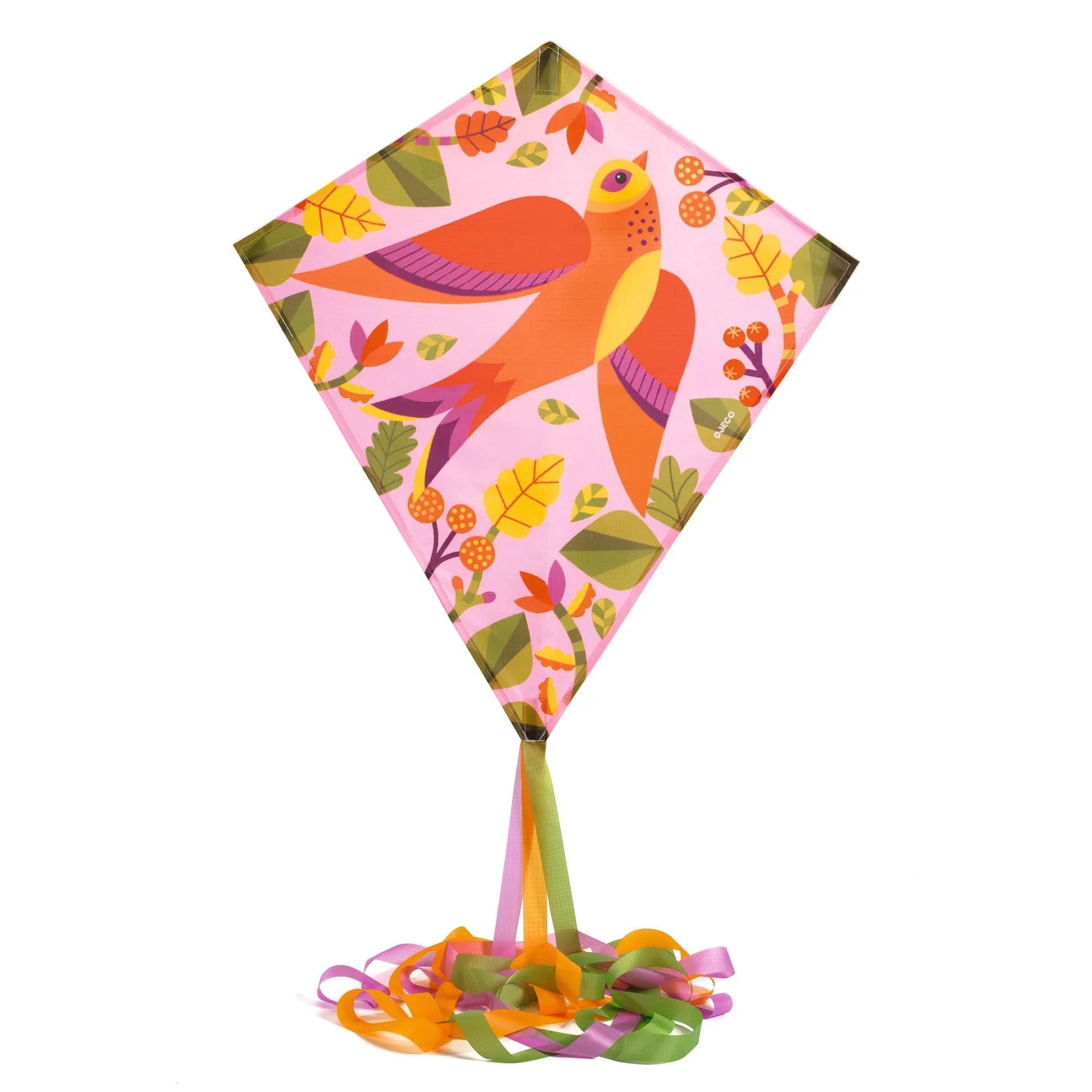 Cerf-volant monofil pour enfant Birdy de Djeco, de forme losange rose illustré d'un oiseau orange et de feuilles avec de longs rubans colorés.