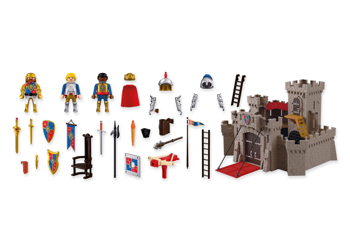 Ensemble des éléments du coffret Playmobil Knights : structure du château fort, 3 figurines de chevaliers, armes, boucliers et accessoires de défense.