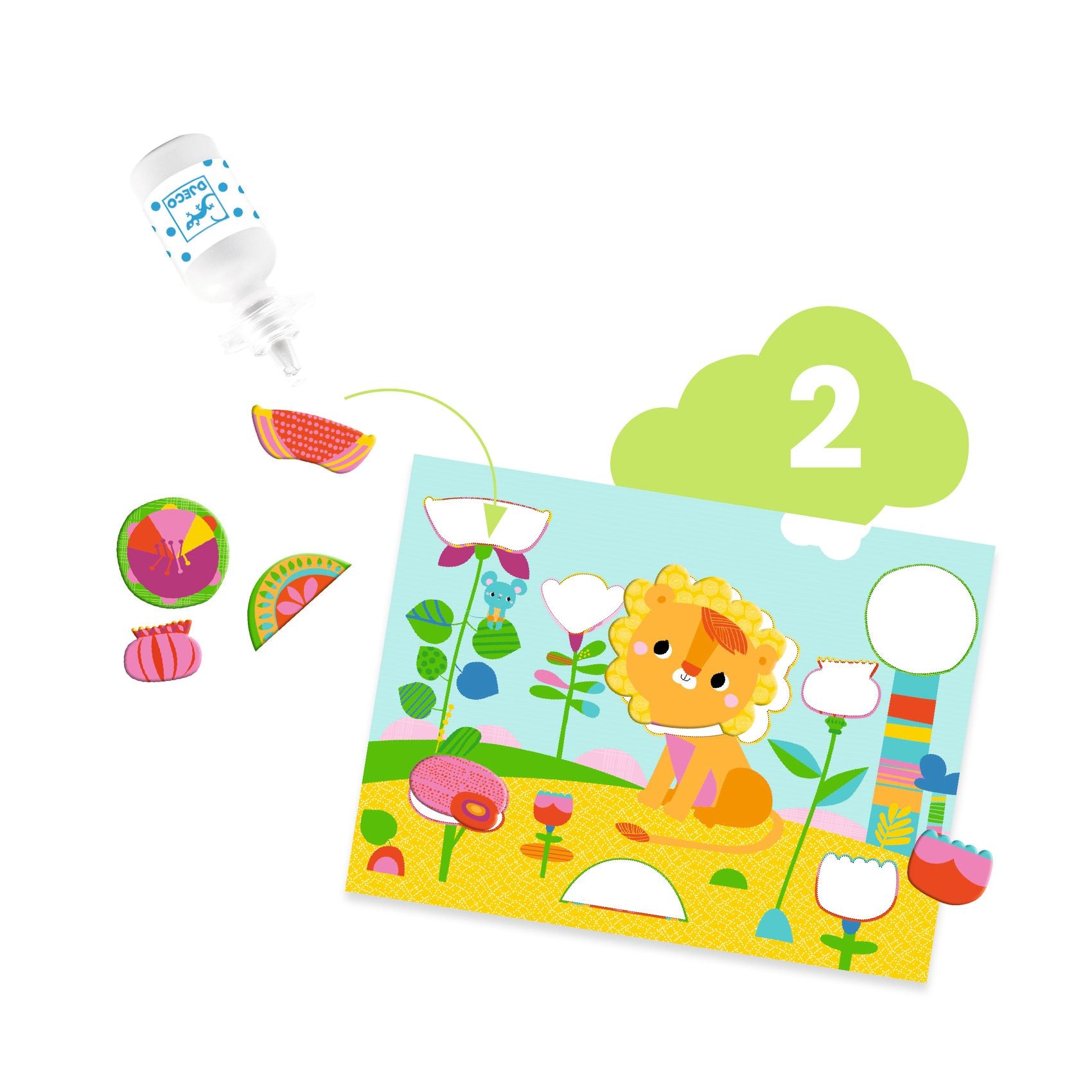 Démonstration de l'activité collage de formes prédécoupées avec un flacon de colle adaptées aux tout-petits.