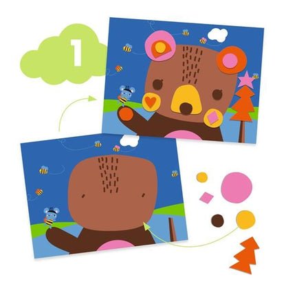 Étape 1 de collage montrant la décoration de l'illustration de l'ours avec des formes colorées.
