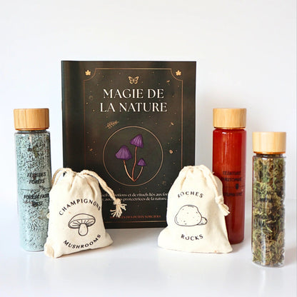 Ensemble du matériel du kit Potion magique de la nature comprenant fioles, poudres, paillettes, pipettes et accessoires de jeu.