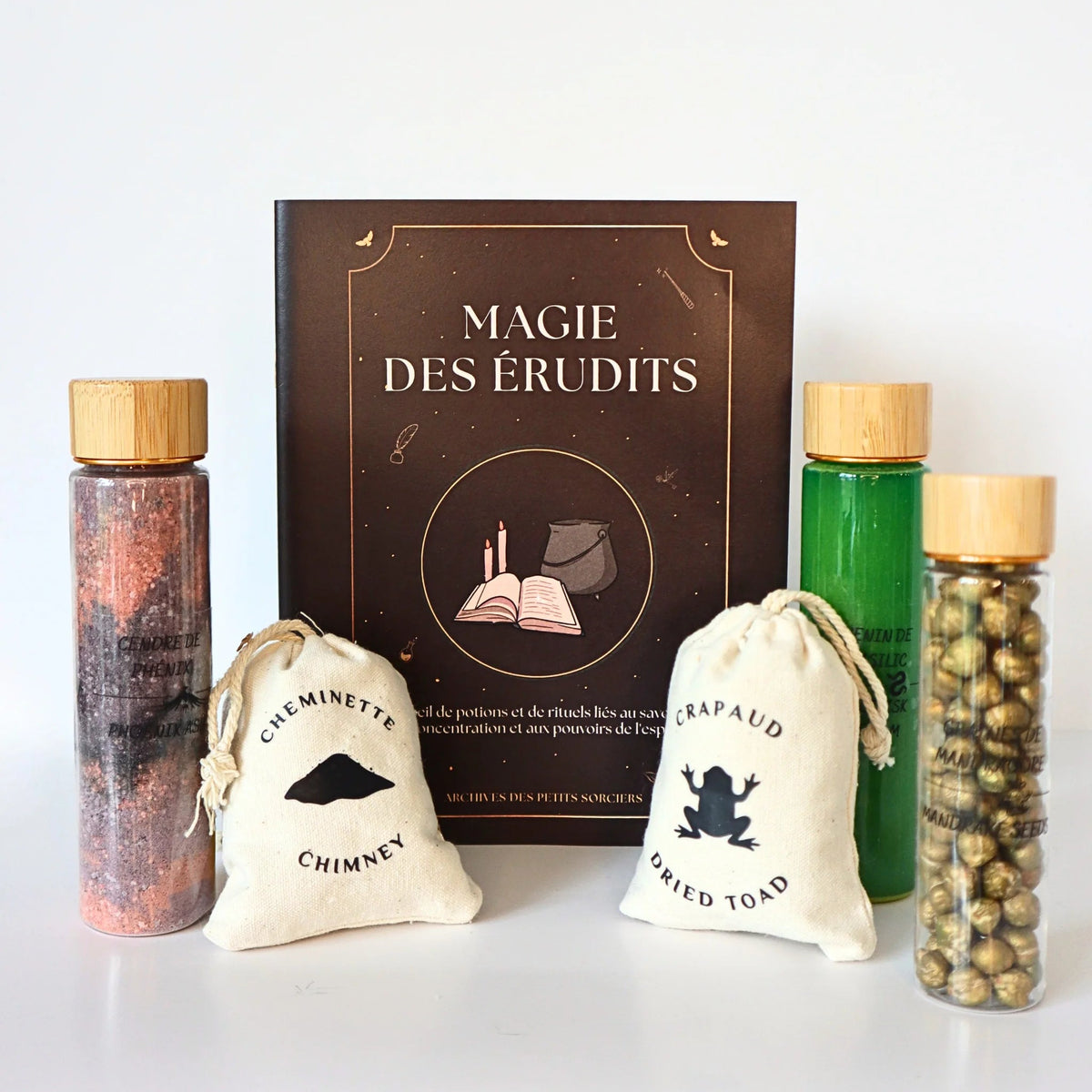 Contenu du kit Magie des Érudits comprenant le livret de rituels, fioles de poudres, billes dorées et pochons d'ingrédients.