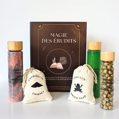 Contenu du kit Magie des Érudits comprenant le livret de rituels, fioles de poudres, billes dorées et pochons d'ingrédients.