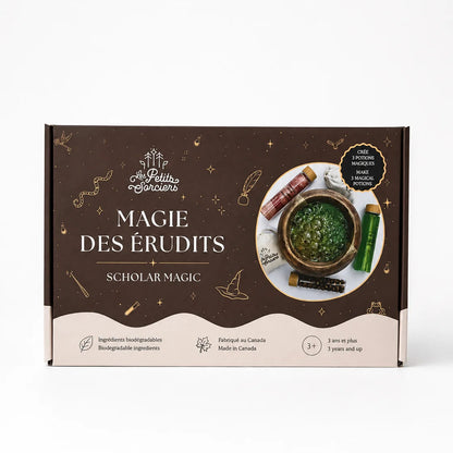 Boîte du jeu créatif Magie des Érudits Les Petits Sorciers permettant de créer 3 potions magiques avec ingrédients biodégradables.