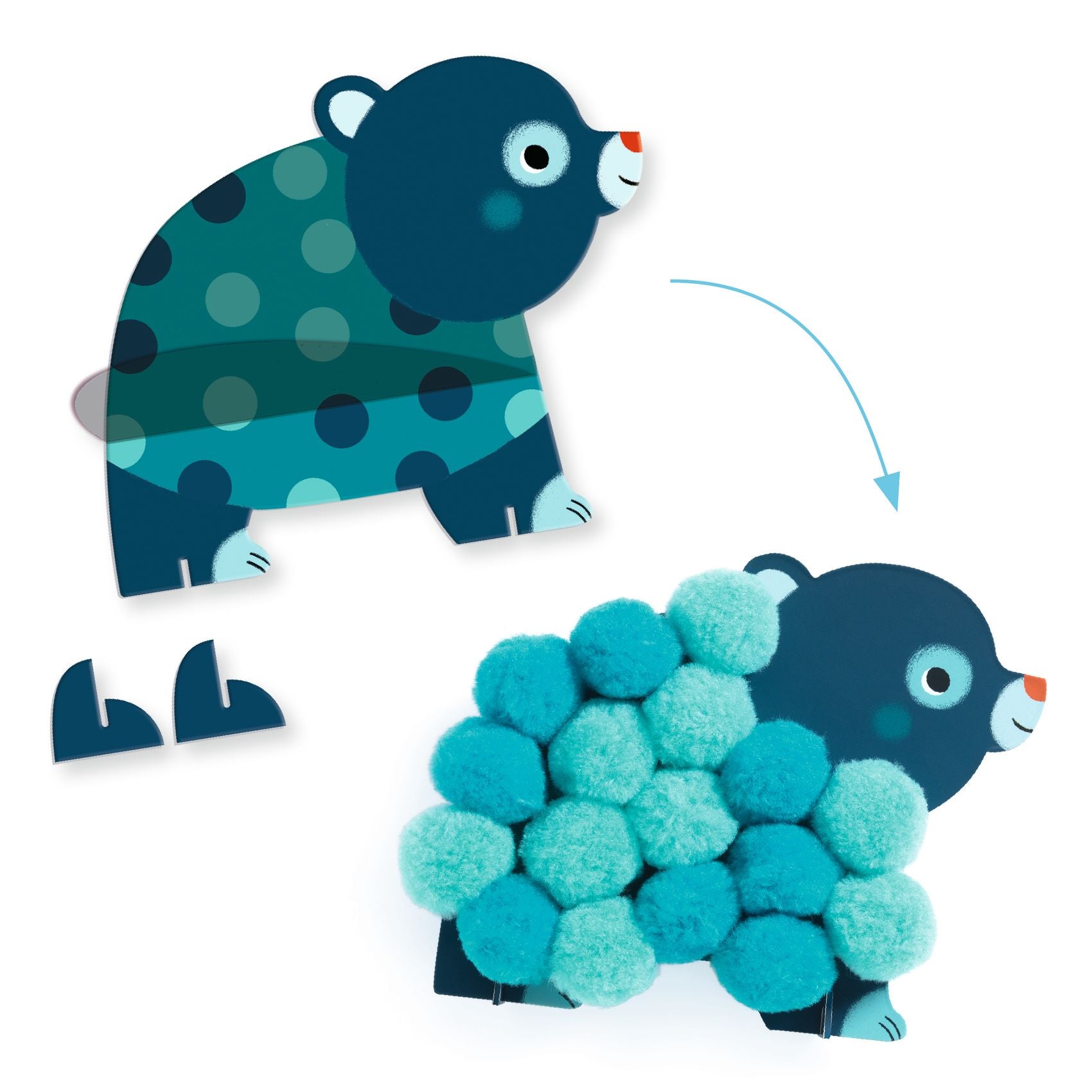 Étape de création montrant la silhouette d'un ours bleu imprimée de cercles avant et après le collage des pompons turquoise.