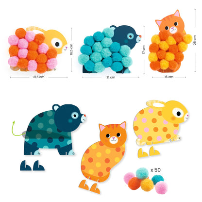 Dimensions des trois animaux en carton (lapin, ours et chat) et présentation du contenu incluant les bases illustrées, les pieds amovibles et 50 gros pompons colorés.