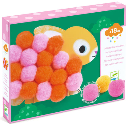 Boîte du kit de loisirs créatifs Collage de pompons de Djeco pour les enfants dès 18 mois, montrant un lapin jaune décoré de gros pompons roses et orange.