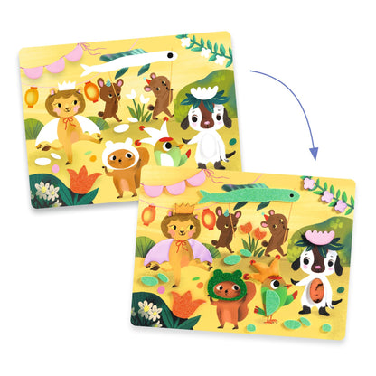 Comparaison entre une carte illustrée d'animaux de la forêt avant et après l'application des gommettes en mousse texturées et scintillantes.