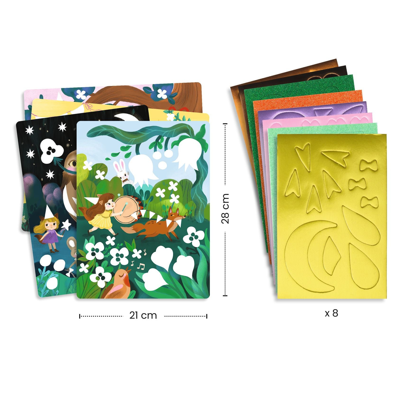 Contenu du kit comprenant des tableaux illustrés de 21 par 28 centimètres et 8 planches de formes autocollantes en mousse aux finis variés.