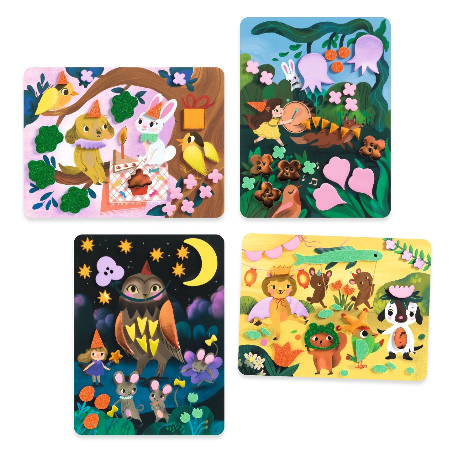 Les quatre tableaux de fête complétés, mettant en scène un pique-nique d'animaux, un défilé en forêt, une scène de nuit avec un hibou et une danse festive.