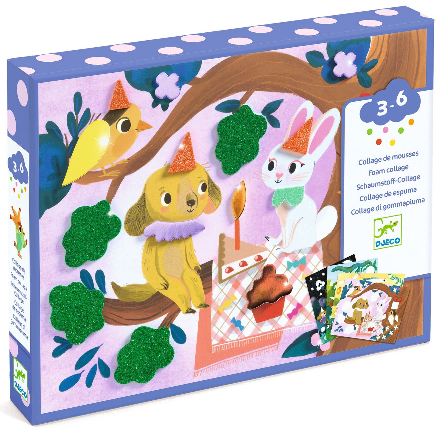 Boîte du coffret créatif Collage de mousses Fêtes scintillantes de Djeco pour les 3 à 6 ans, illustrant des animaux célébrant un anniversaire.