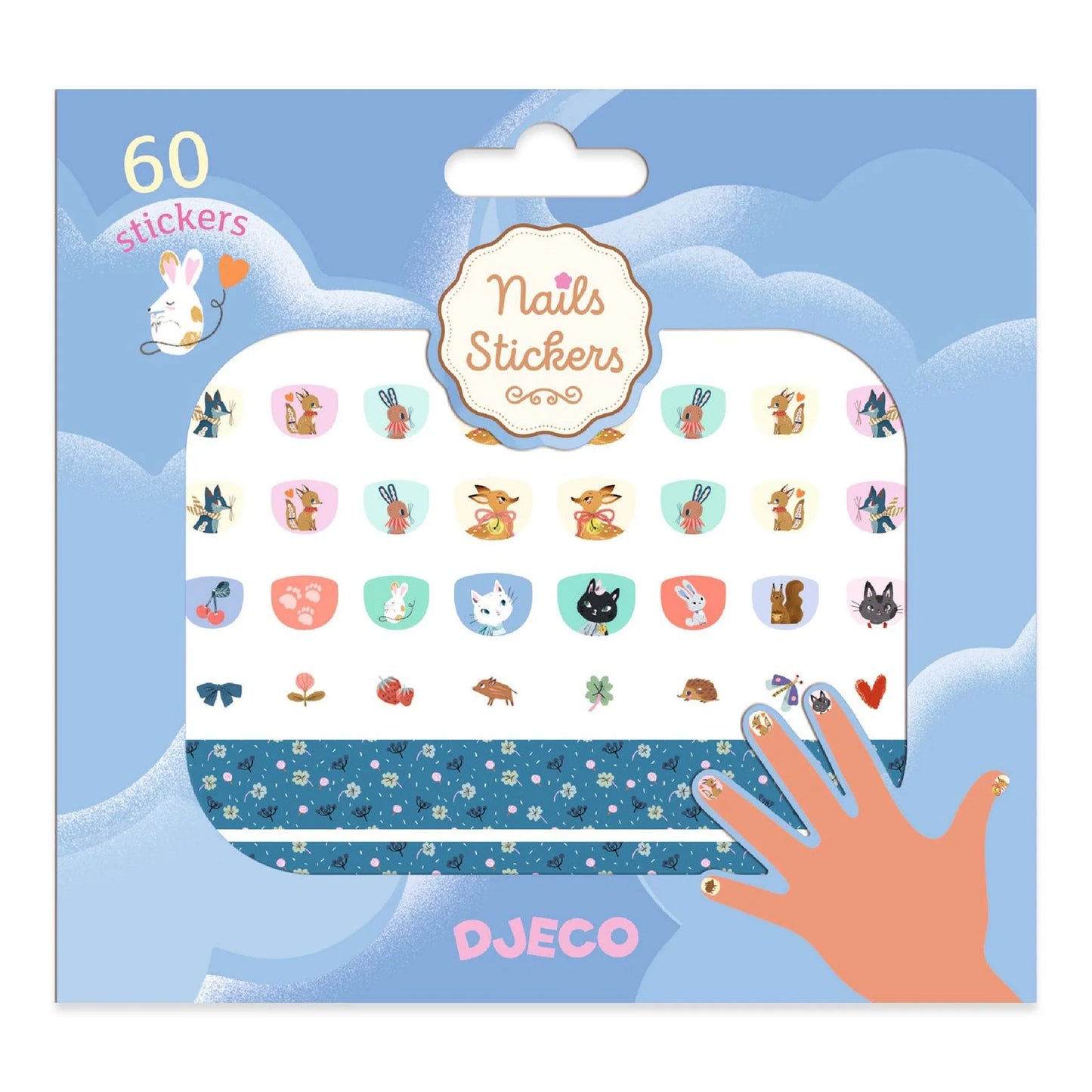 Emballage des autocollants pour ongles Mimi de Djeco comprenant 60 stickers illustrés de petits animaux de la forêt et motifs charmants.
