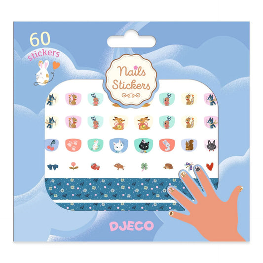 Emballage des autocollants pour ongles Mimi de Djeco comprenant 60 stickers illustrés de petits animaux de la forêt et motifs charmants.