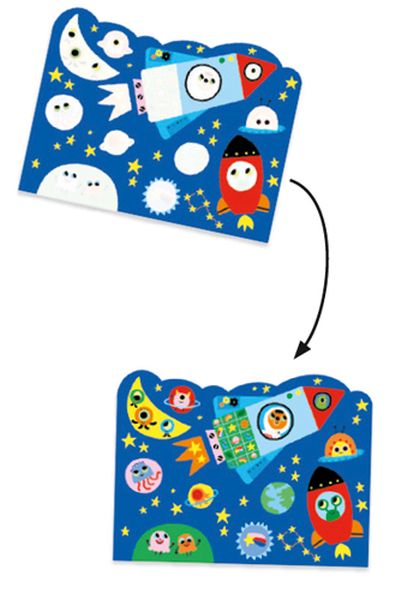 Démonstration avant et après l'application de l'eau sur la planche illustrée de fusées et de l'espace Djeco.