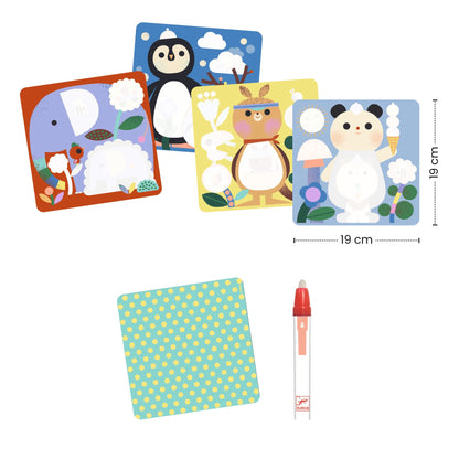 Contenu du coffret Coloriages magiques Djeco avec 4 planches d'animaux réutilisables de 19 cm et un crayon réservoir d'eau.
