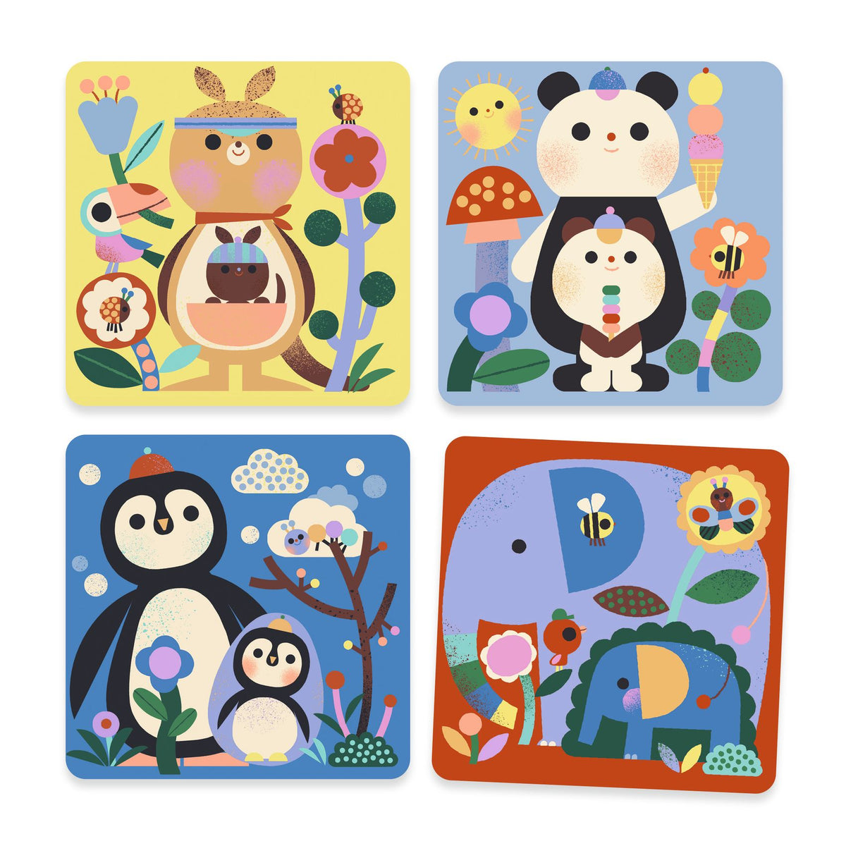 Les quatre illustrations colorées complétées du coffret Djeco représentant des duos maman et bébé manchot, panda, kangourou et éléphant.