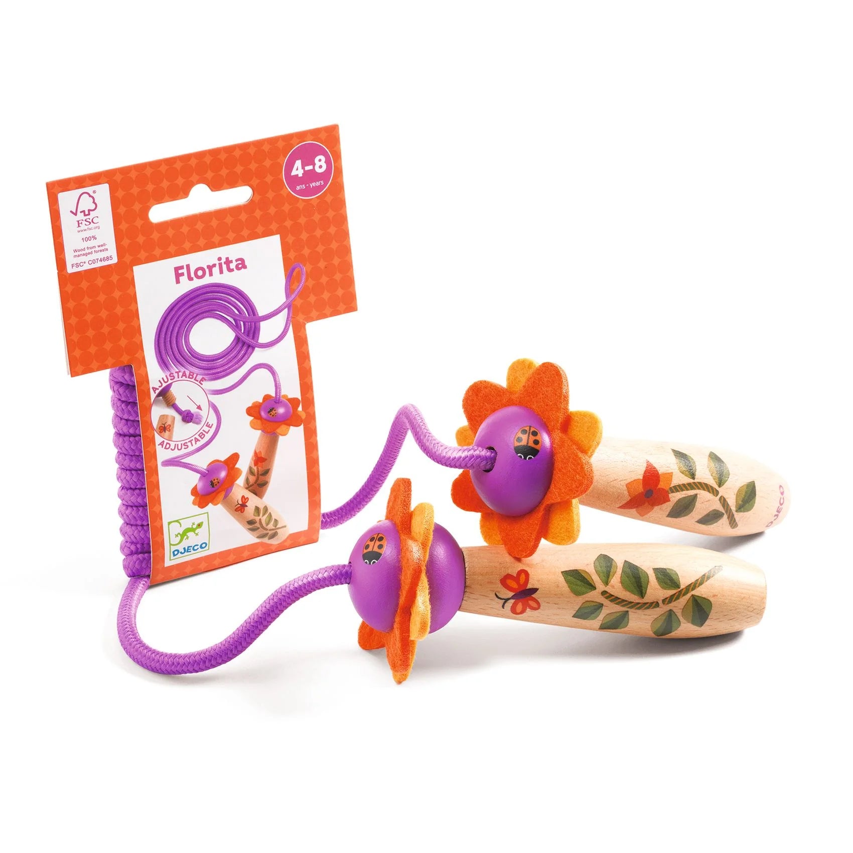 Corde à sauter ajustable Florita de Djeco dans son emballage cartonné orange pour les enfants de 4 à 8 ans.