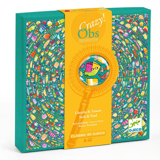 Boîte du jeu d'observation et de cherche et trouve Crazy Obs Fishy Fish Djeco sur le thème des poissons multicolores.