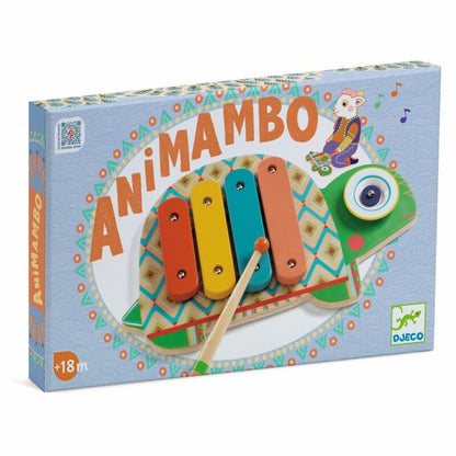 Boîte d'emballage du métallophone tortue Animambo de Djeco pour les enfants dès 18 mois, instrument d'éveil musical en bois coloré.