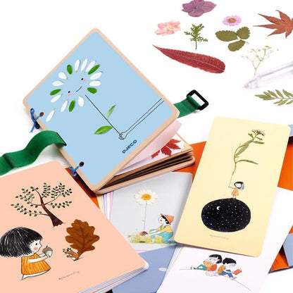 Assortiment de cartes et cartes-postales illustrées aux formats variés à embellir avec des fleurs séchées du kit Djeco.