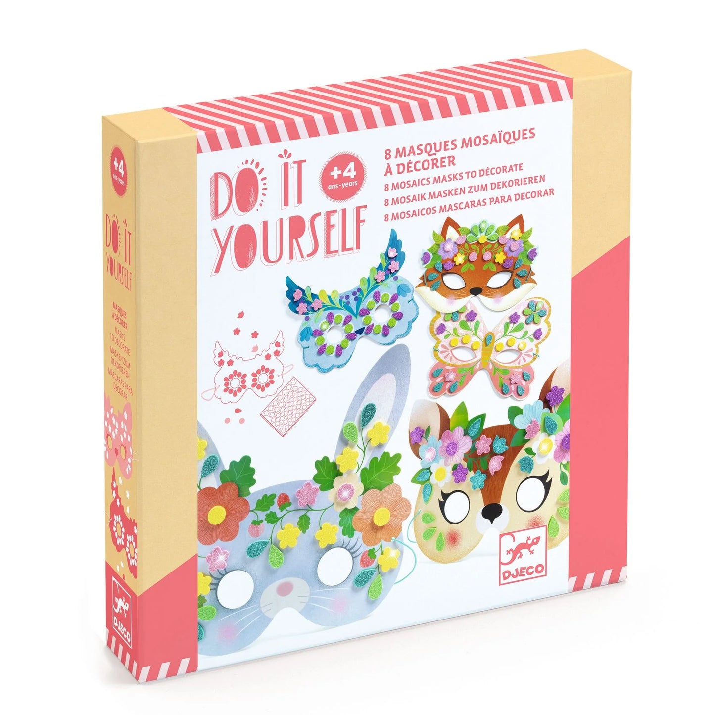Boîte du kit créatif Do It Yourself Djeco 8 masques mosaïques à décorer sur le thème des animaux de la forêt pour enfants dès 4 ans.