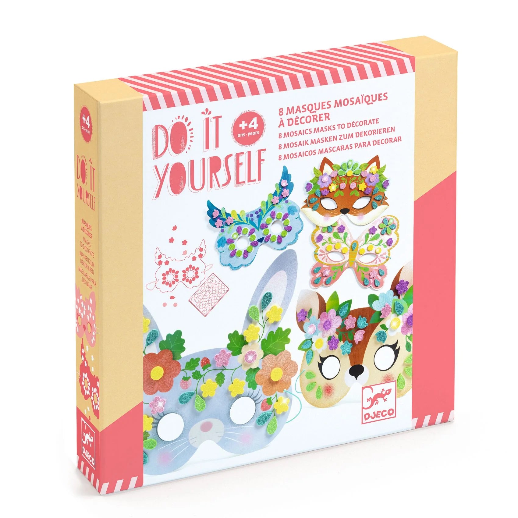 Boîte du kit créatif Do It Yourself Djeco 8 masques mosaïques à décorer sur le thème des animaux de la forêt pour enfants dès 4 ans.