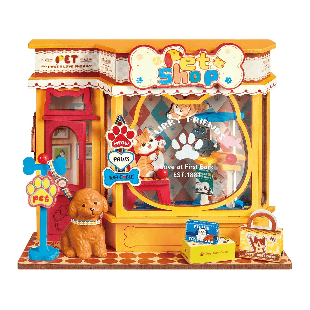 Vue de face du kit miniature Pawfect Pet Shop de Rolife montrant la vitrine en forme de tête de chat, le chien et les boîtes de nourriture.