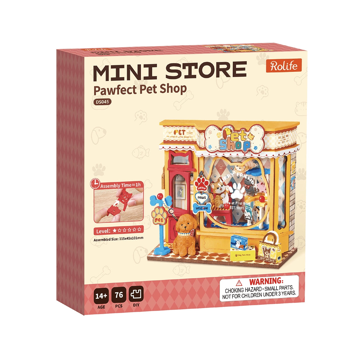 Boîte du kit de construction miniature Pawfect Pet Shop de Rolife comprenant 76 pièces pour les 14 ans et plus.