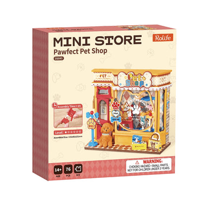 Boîte du kit de construction miniature Pawfect Pet Shop de Rolife comprenant 76 pièces pour les 14 ans et plus.