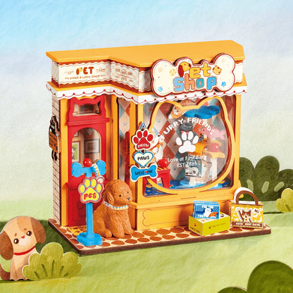 Maison miniature DIY en bois L'Animalerie Pawfect Pet Shop de Rolife avec devanture jaune, caniche miniature et accessoires pour animaux.