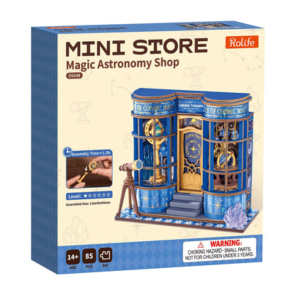 Boîte du kit de construction miniature Magic Astronomy Shop de Rolife comprenant 85 pièces pour les 14 ans et plus.
