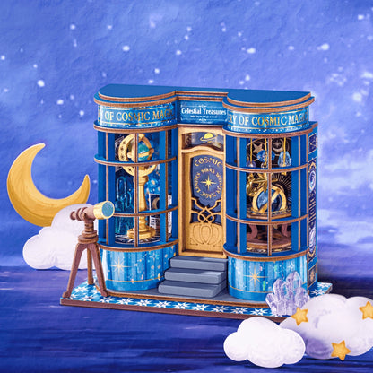 Maison miniature DIY en bois Magasin d'astronomie magique Rolife avec devanture bleue, télescope miniature et décors cosmiques.